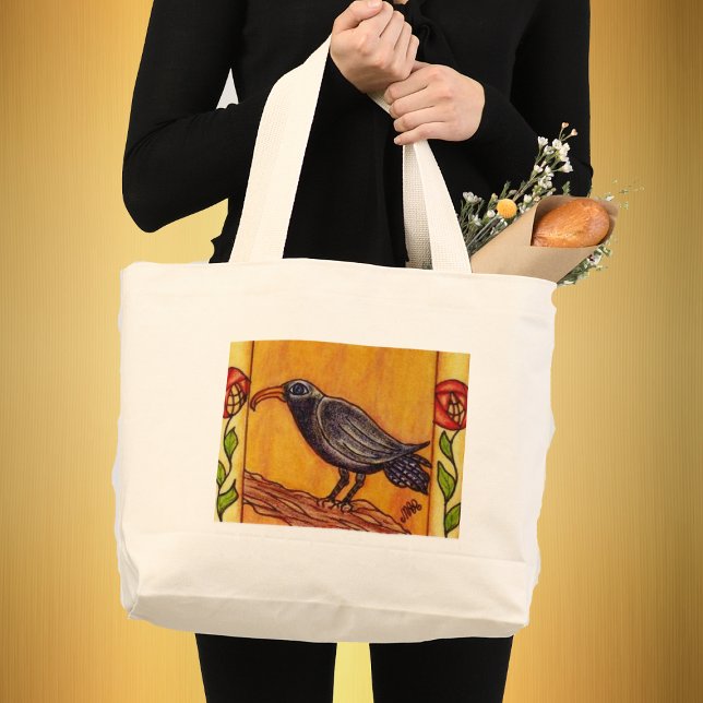 Bolsa de cuervos y Rosas Art Deco (Black Crow on Branch bordered with Red abstract flowers on stems golden background on tote bag.)