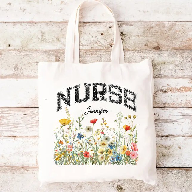 Bolsa de enfermera de flores silvestres personaliz (Custom nurse tote, wildflowers tote bag, gift for nurse, birthday present for nurse, Christmas gift)