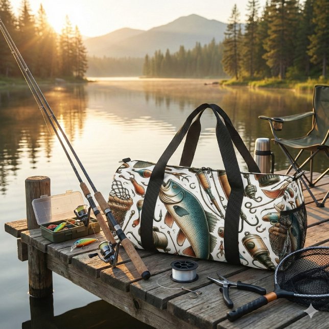 Bolsa de equipaje de pescador de aparejos de pesca (Carry all duffle bag with watercolor-style fish and gear print.  A thoughtful gift for fisherman )