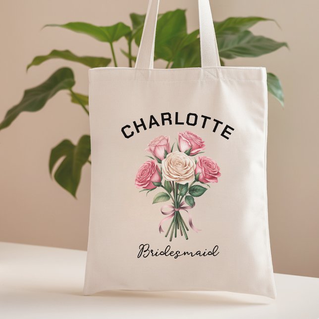 Bolsa de equipo de novia de rosas personalizadas p (personalized bridesmaid tote gift, roses bridal tote bag custom, floral bridesmaid proposal bag gift)