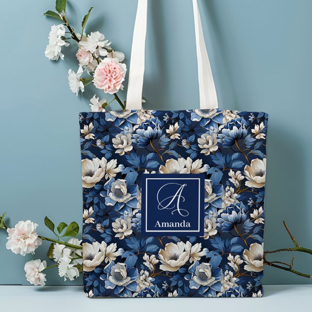 Bolsa de Flores Navales Hermosas Personalizadas Fl (Beautiful Navy Flowers Personalized Floral Tote Bag)