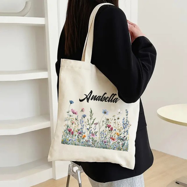 Bolsa de flores silvestres para personalizado por  (personalized name tote, bridesmaid gift, bridesmaid proposal tote, bridal shower gift, bachelorette)
