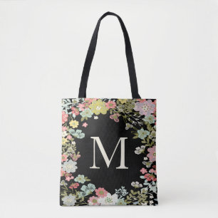 Bolsa de Hombro Negro de Jardín Floral Monograma