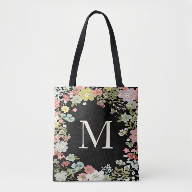 Bolsa de Hombro Negro de Jardín Floral Monograma (Anverso)
