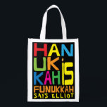 Bolsa De La Compra Hanukkah Es Funukkah<br><div class="desc">Hanukkah es Funukkah, bolsa blanca de dos lados. Todos los elementos de diseño se pueden editar. Todo el texto editable se puede eliminar y reemplazar con su propio mensaje. Usa el color, el tamaño y el estilo de tu fuente favorita. ¡Feliz Hanukkah/Chanukah! Estilo: Bolsa reutilizable ¡Vamos verde y salve el...</div>