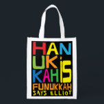 Bolsa De La Compra Hanukkah Es Funukkah<br><div class="desc">Hanukkah es Funukkah, bolsa blanca de dos lados. Todos los elementos de diseño se pueden editar. Todo el texto editable se puede eliminar y reemplazar con su propio mensaje. Usa el color, el tamaño y el estilo de tu fuente favorita. ¡Feliz Hanukkah/Chanukah! Estilo: Bolsa reutilizable ¡Vamos verde y salve el...</div>