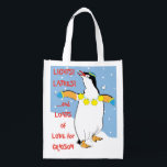 Bolsa De La Compra Hanukkah Penguin Grocery Bag<br><div class="desc">Pingüino Hanukkah, bolsa blanca de dos lados. Todos los elementos de diseño se pueden editar. Todo el texto editable se puede eliminar y reemplazar con su propio mensaje. Usa el color, el tamaño y el estilo de tu fuente favorita. ¡Feliz Hanukkah/Chanukah! Estilo: Bolsa reutilizable ¡Vamos verde y salve el planeta...</div>