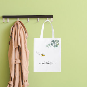 Bolsa De La Compra Monograma de abeja cúrcuta eucalipto verde blanco