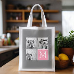 Bolsa De La Compra Monograma del Personalizado de Collage de fotos de<br><div class="desc">Moderno Pastel Rosa y Gris - Utiliza 3 fotos cuadradas para crear un regalo único y personal. O puedes mantener al cachorro hipster y hacer un keepsake de moda. Si necesita ajustar las imágenes,  haga clic en la herramienta personalizar para realizar cambios.</div>