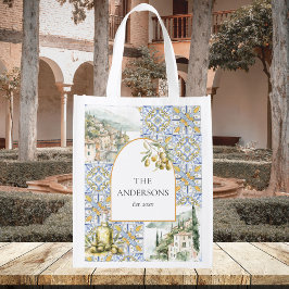 Bolsa De La Compra Patrón de mosaico azul amarillo del Mediterráneo d