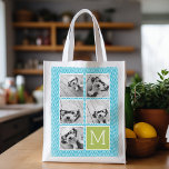 Bolsa De La Compra Reutilizable Monograma de Collage de fotos Aqua y Lime Instagra<br><div class="desc">Patrón de cheurón verde y azul - Usa cinco fotos cuadradas para crear un regalo único y personal. O puedes mantener al cachorro hipster y hacer un keepsake de moda. Si necesita ajustar las imágenes,  haga clic en la herramienta personalizar para realizar cambios.</div>