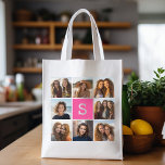 Bolsa De La Compra Reutilizable Monograma de Collage de fotos de Instagram Girly H<br><div class="desc">Puedes usar cualquier foto para este diseño. Utiliza 8 fotos cuadradas para crear un regalo único y personal. O puedes mantener al cachorro hipster y hacer un keepsake de moda. Si necesita ajustar las imágenes,  haga clic en la herramienta personalizar para realizar cambios.</div>