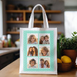 Bolsa De La Compra Reutilizable Patrón Mint Chevron con Collage de fotos Trendy 6<br><div class="desc">Usa fotos de cuenta de Instagram u otras aplicaciones populares para compartir fotos de seis cuadrados para crear un regalo único y personal. O puedes mantener al cachorro hipster y hacer un keepsake de moda. Si necesita ajustar las imágenes,  haga clic en la herramienta personalizar para realizar cambios.</div>