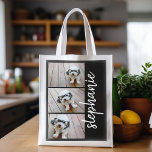 Bolsa De La Compra Trendy 3 Fotos nombre de escritura blanco negro mo<br><div class="desc">Utiliza 3 fotos para crear un regalo único y personal. O puedes mantener al cachorro hipster y hacer un keepsake de moda. ¡Usa tus fotos horizontales o paisajísticas para obtener los mejores resultados! Este collage moderno de fotos apiladas incluye un tipo de letra rústico y moderno para tu nombre u...</div>
