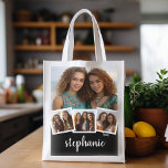 Bolsa De La Compra Trendy 4 Nombre de guión de Collage de fotos Blanc<br><div class="desc">Para este diseño se pueden utilizar fotos cuadradas o selfie. Utiliza cuatro fotos cuadradas para crear un regalo único y personal. O puedes mantener al cachorro hipster y hacer un keepsake de moda. Si necesita ajustar las imágenes,  haga clic en la herramienta personalizar para realizar cambios.</div>