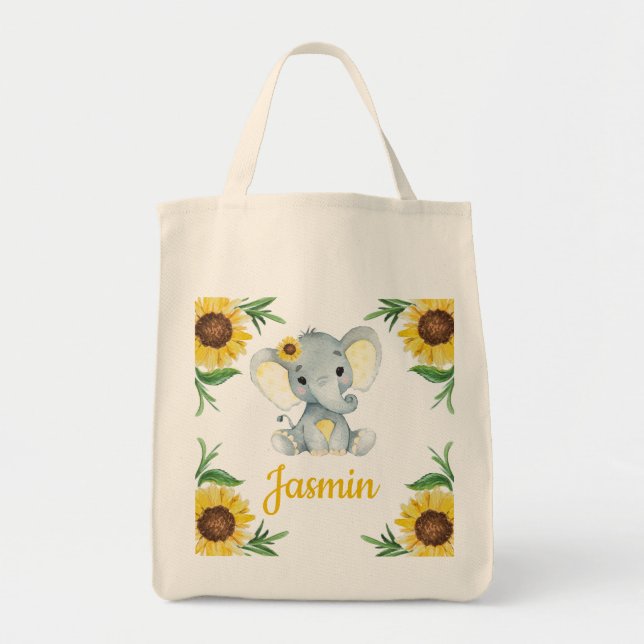 Bolsa de la Tote con girasol, nombre Elefante (Frente)