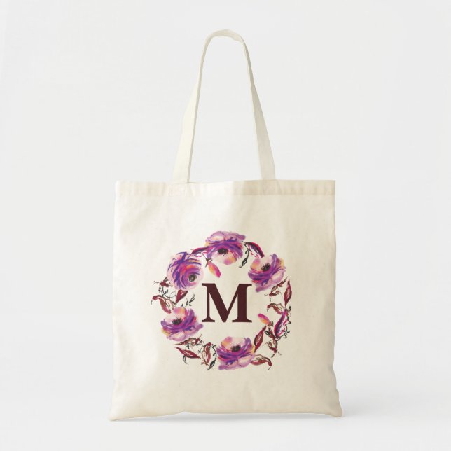 Bolsa de lienzo monograma personalizada con floral (Frente)