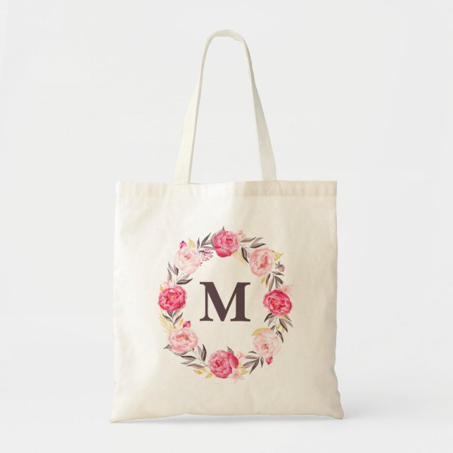 Bolsa de lienzo monograma personalizada con floral (Frente)