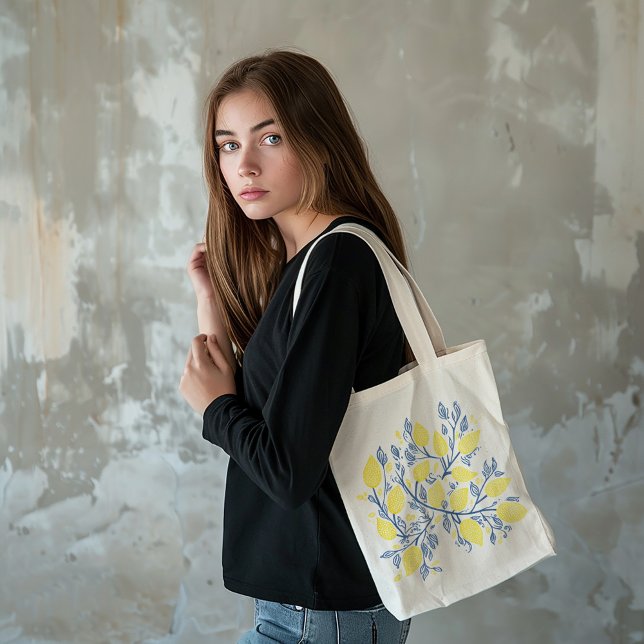 Bolsa de limón azul y amarillo (Refreshing charm of nature Blue and Yellow Lemon Vines Tote Bag.)