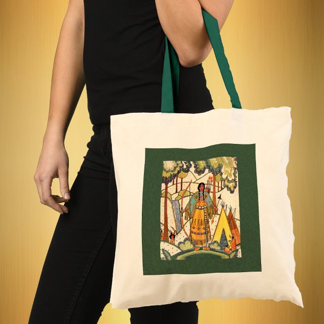 Bolsa de Maiden Americana Nativa (Native American women bow arrow teepees under trees with en embroidery look on green tote bag.)