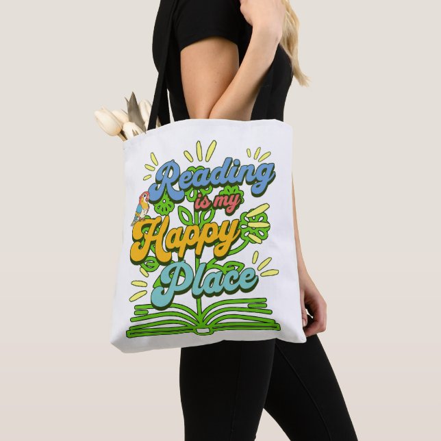 Bolsa de mano colorida: Leer es mi lugar feliz (Detalle)