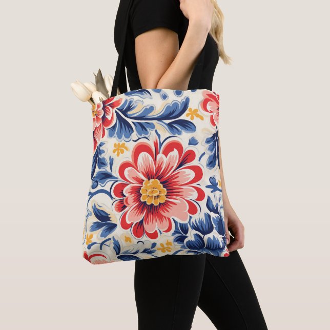 Bolsa de mano con diseño floral vibrante con rojo (Detalle)