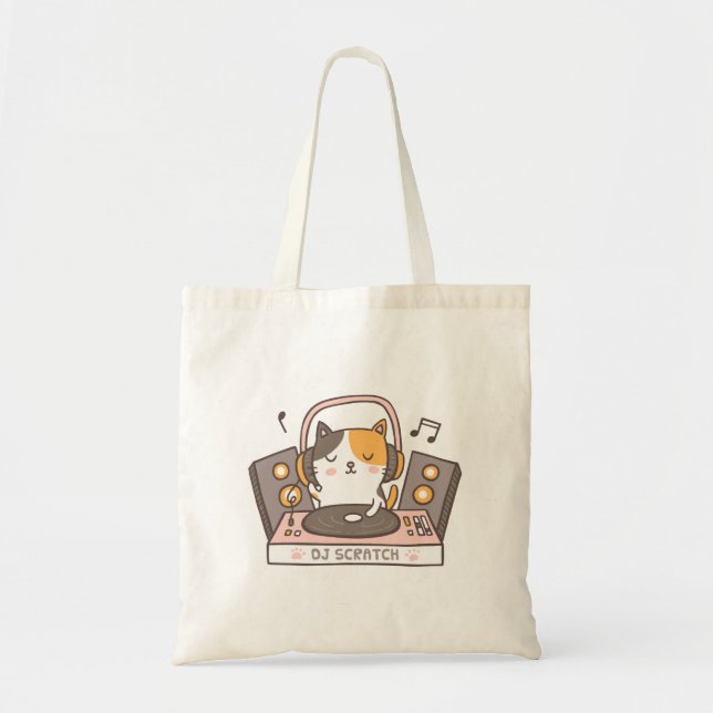 Bolsa de mano con divertido gato DJ que araña con  (Frente)