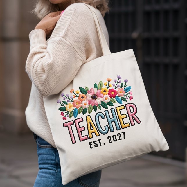Bolsa de mano con efecto bordado floral personaliz (Personalized Wildflower Teacher Tote Bag — Custom Embroidered Effect Gift for Educators & Graduation)