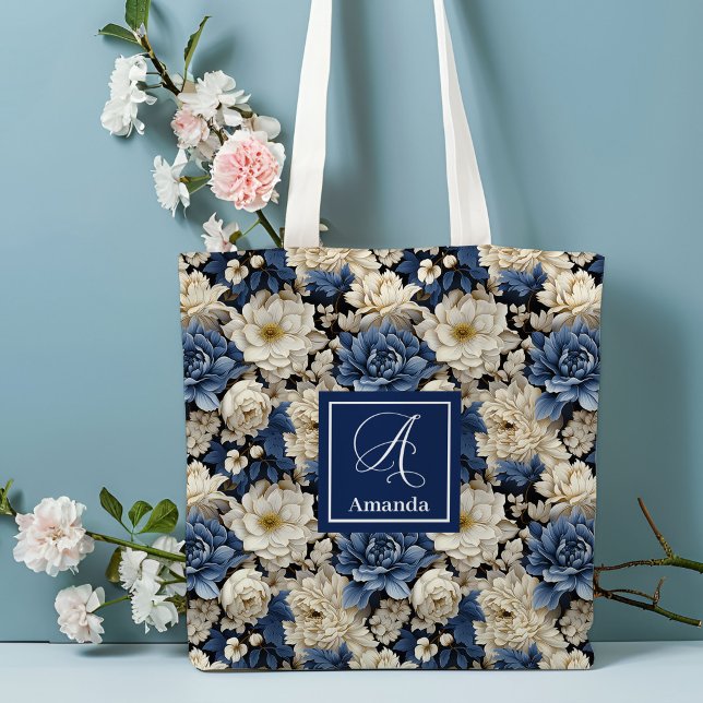 Bolsa de mano con flores blancas azules premium co (Premium Blue White Flowers Custom Name Tote Bag)