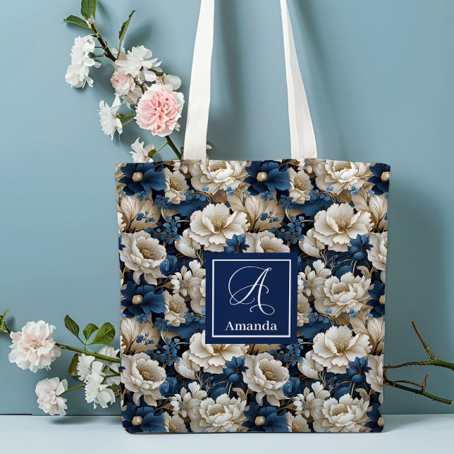 Bolsa de mano con nombre personalizado de flores a (Opulent Navy Blue Flowers Custom Name Tote Bag)