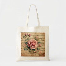 Bolsa de mano de algodón Vintage Rose & Sheet Musi