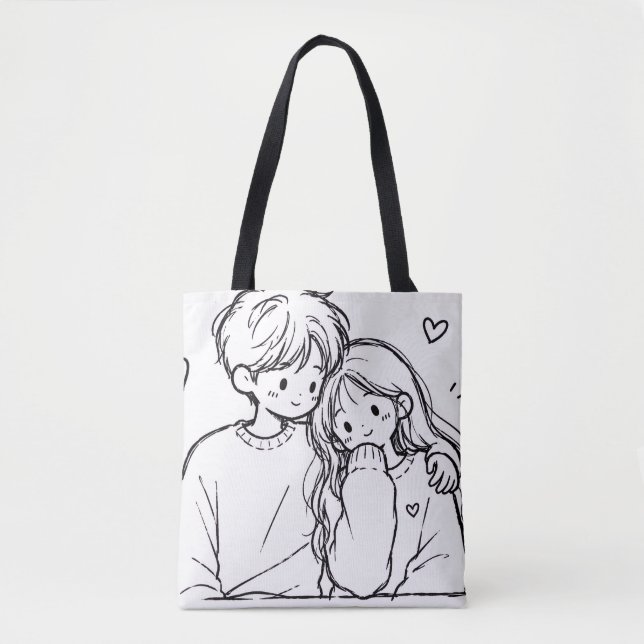 Bolsa de mano de arte de línea de pareja de anime  (Anverso)