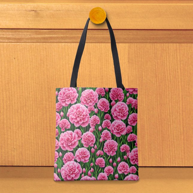 Bolsa de mano de claveles rosas (Tote bag with pink carnations)