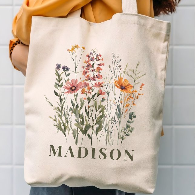 Bolsa de mano de flores silvestres personalizadas  (Personalized wildflowers tote bag gift for mom, grandma, friends, bride tribe and bridesmaids)