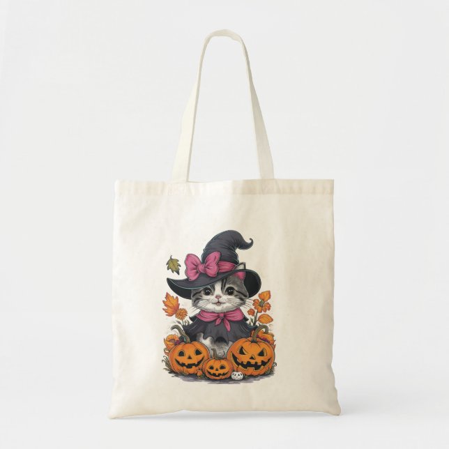 Bolsa de mano de gato bruja de Halloween linda (Frente)