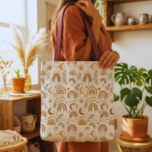 Bolsa de mano de lona Boho Rainbow y botánica terr