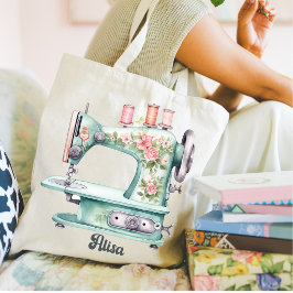 Bolsa de mano de máquina de coser floral azul