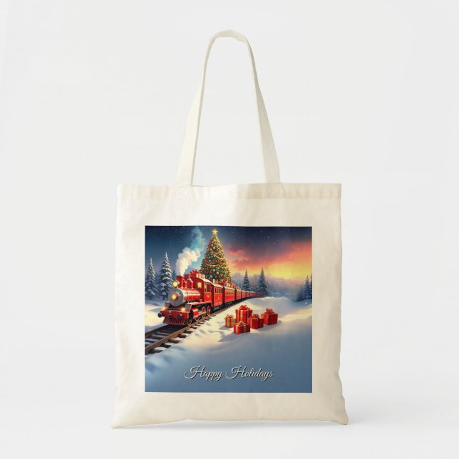 Bolsa de mano de Navidad de árbol de tren rojo (Frente)