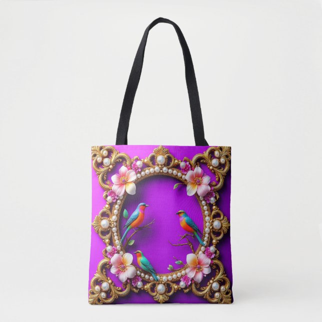 Bolsa de mano de pájaros morados Estilo floral de  (Anverso)