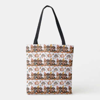 Bolsa de mano de perros y calabazas de otoño acuar