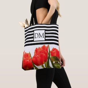 Bolsa de mano de tulipanes rojos con rayas negras 