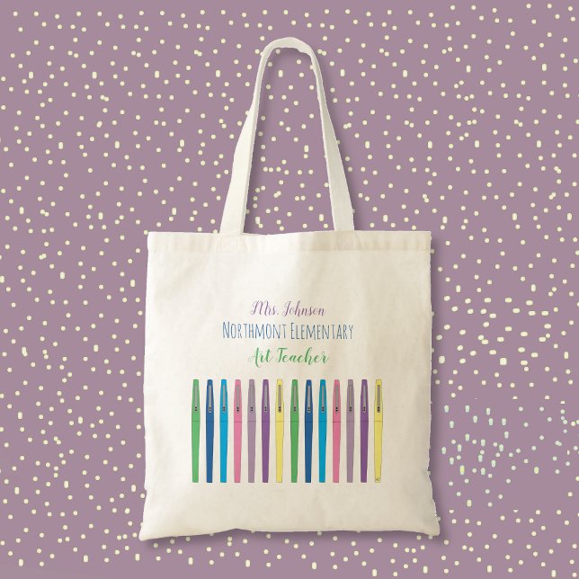 Bolsa de mano para profesora de arte con bolígrafo (Colorful pens personalized art teacher tote bag)