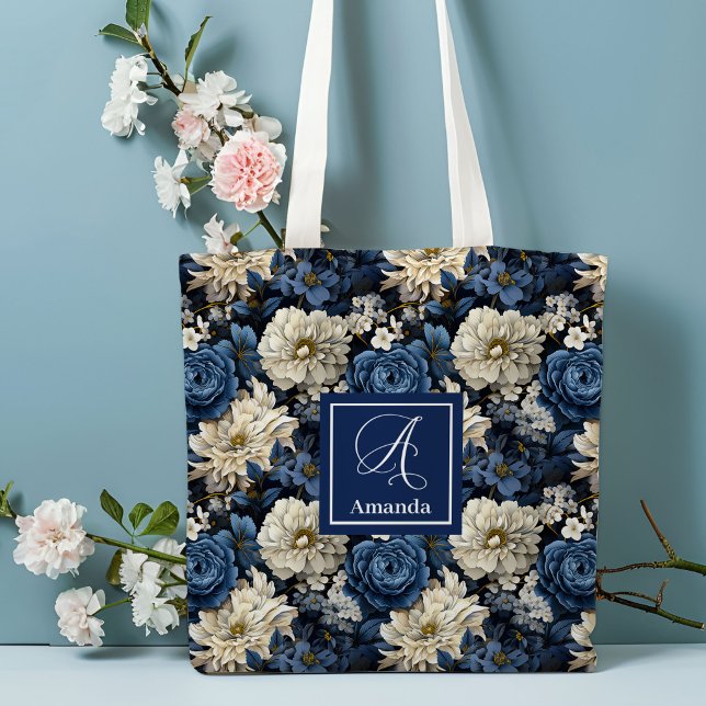 Bolsa de mano personalizada con flores azules de d (Designer Blue Flowers Personalized Tote Bag)