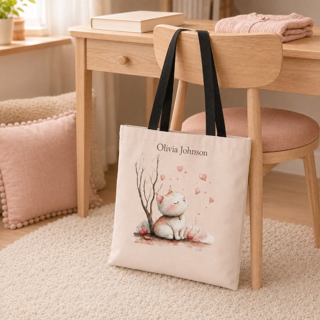Bolsa de mano personalizada de gatito adorable con (Personalized Cute Kitten with Hearts Tote Bag)