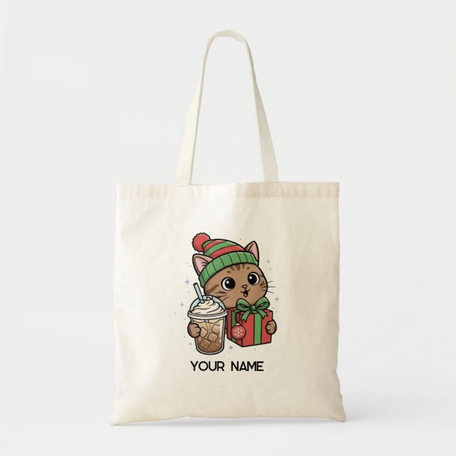 Bolsa de mano personalizada de gato de Navidad lin (Frente)