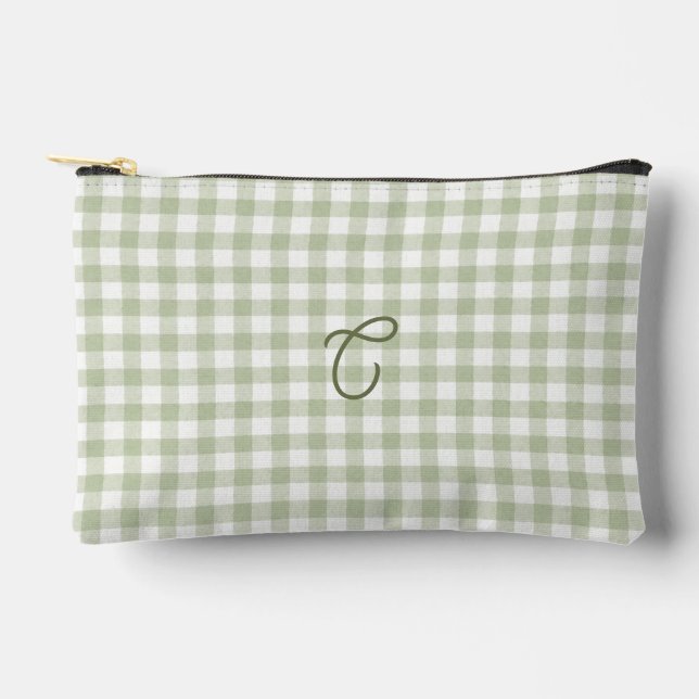 Bolsa de maquillaje con monograma de gingham verde (Anverso)