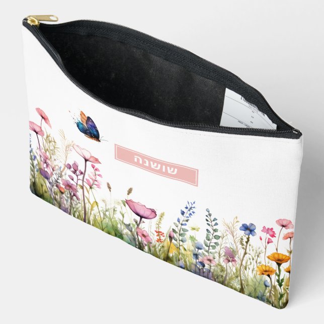 Bolsa de maquillaje con nombre hebreo con flores s (Abierto)