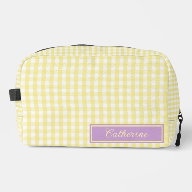 Bolsa de maquillaje de gingham amarillo y púrpura  (Anverso)