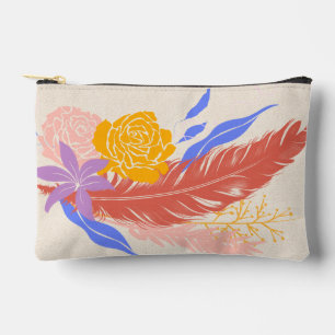 Bolsa de maquillaje del patrón de floral y pluma d
