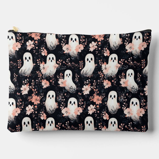 Bolsa de maquillaje fantasma de Halloween floral (Anverso)